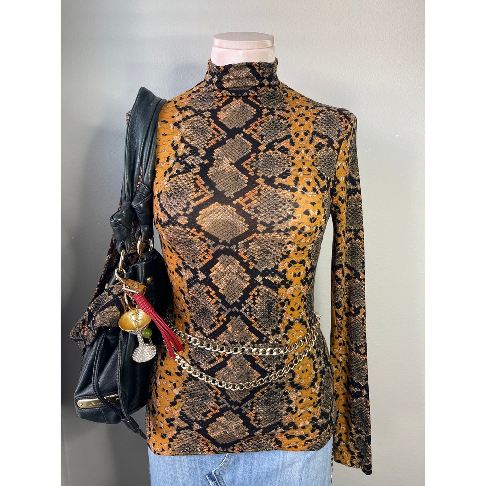 Leith Turtleneck Top Mustard Brown Snakeskin Print Long Sleeve Stretch Medium